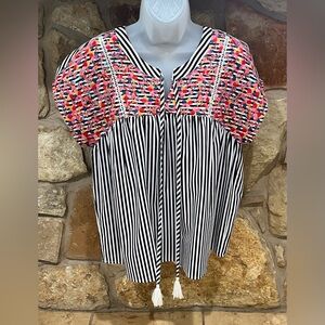 Savanna Jane Black & White Striped Boho Blouse Embroidered Detail Womens Small